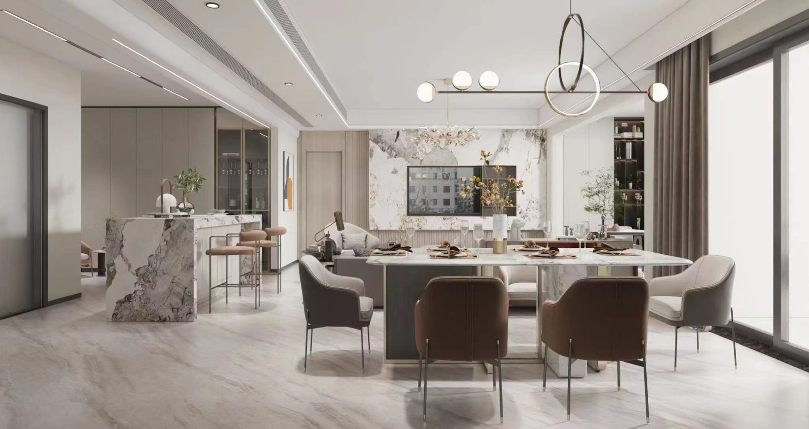 contemporary open concept living-kitchen-dining room designed by Yushi