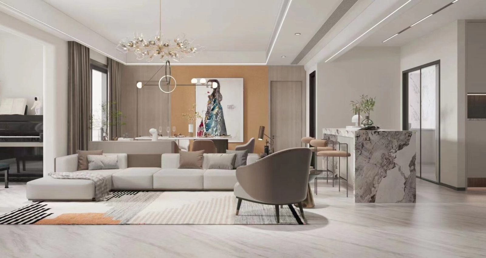 contemporary open concept living-kitchen-dining room designed by Yushi