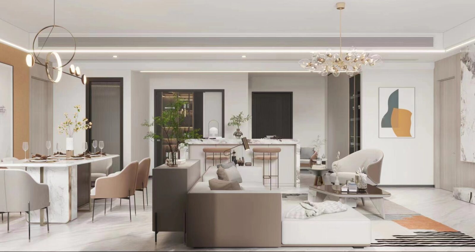 contemporary open concept living-kitchen-dining room designed by Yushi